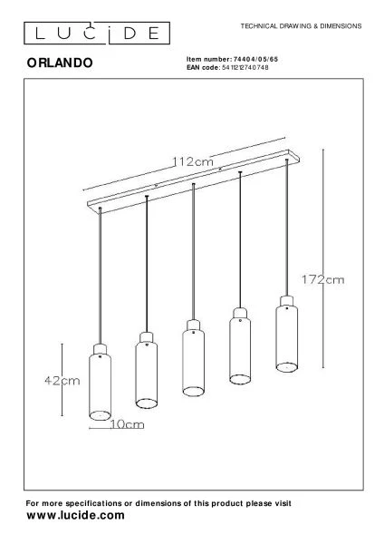 Lucide ORLANDO - Hanglamp - 5xE27 - Fumé - technisch